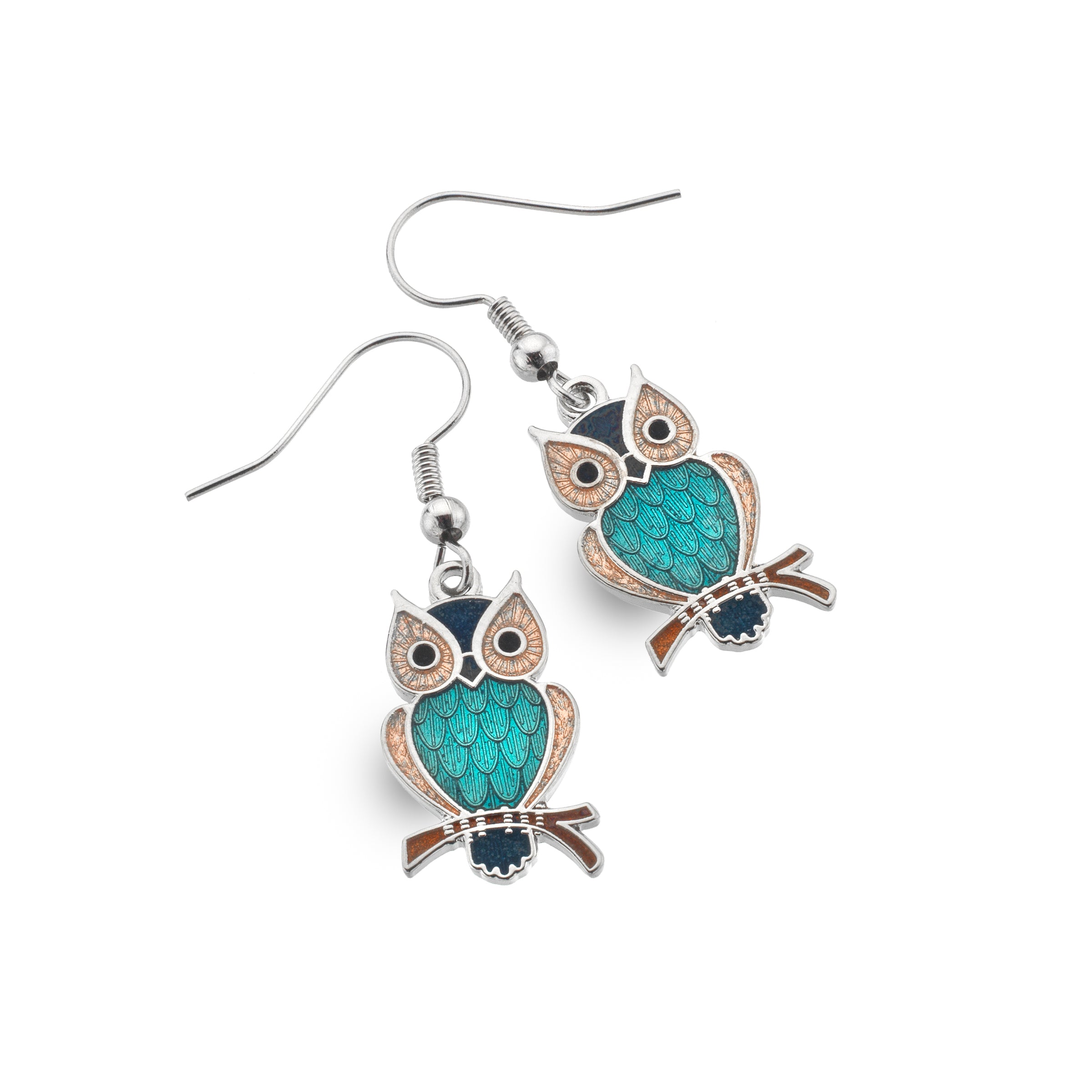 Turquoise Enamel Owl on Branch Earrings